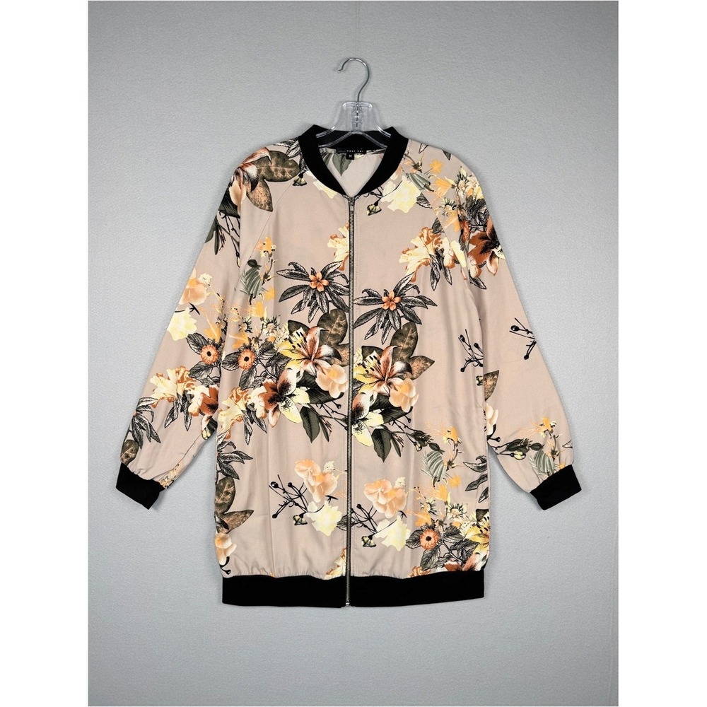West Kei Floral Longline Bomber Jacket Taupe Black M Lightweight Casual
